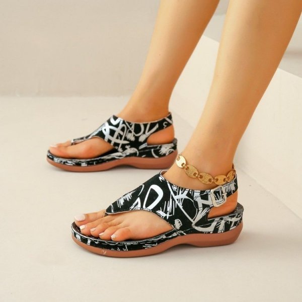 Herringbone Sandals Ethnic Style Embroidered Flower Back Buckle Wedge